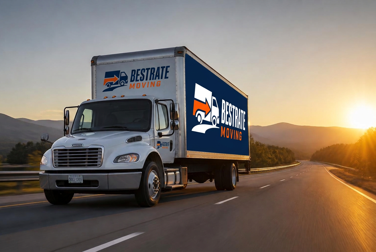 BestRate Moving box truck driving on a highway at sunset