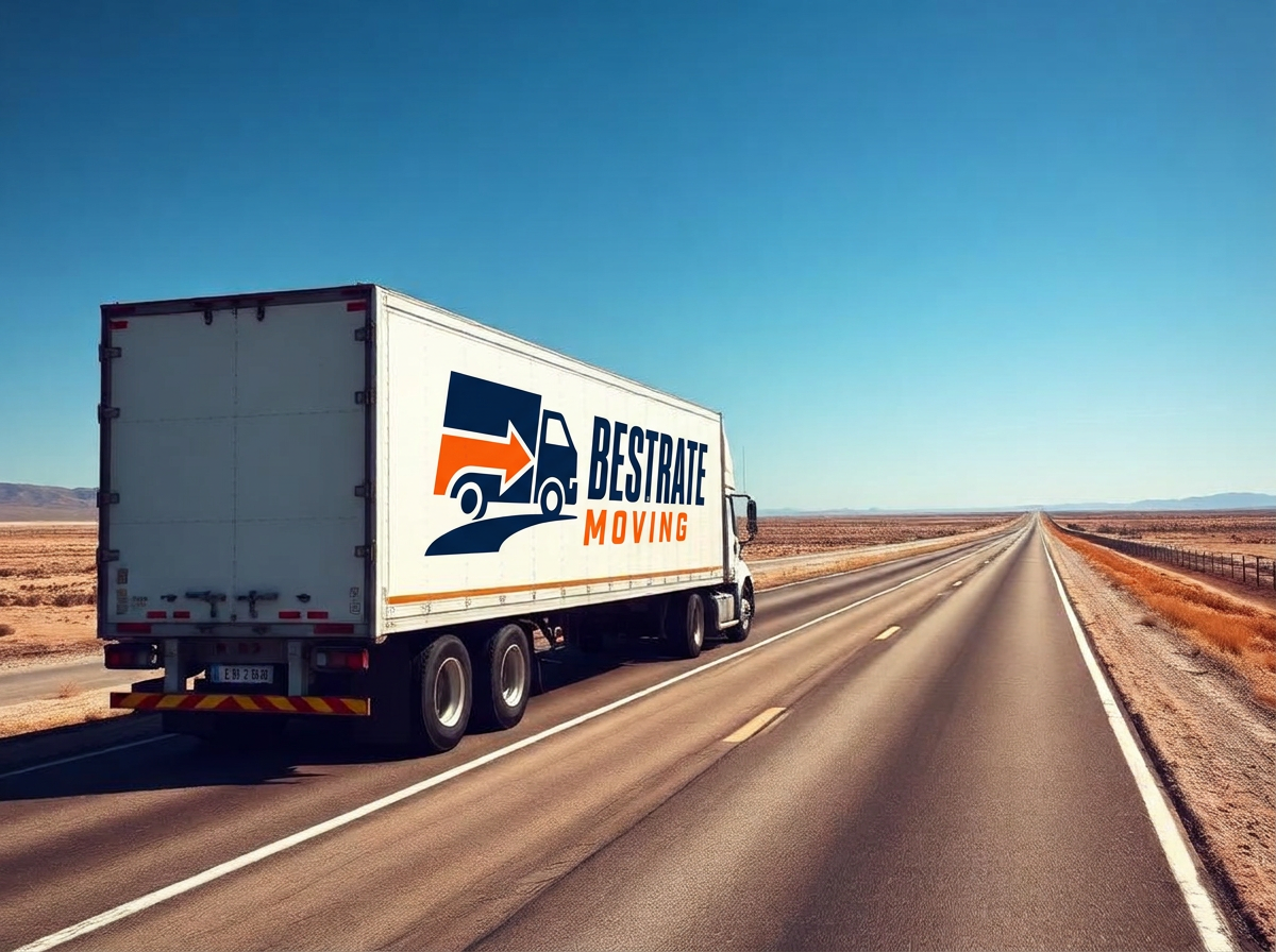 BestRate Moving branded semi trailer on a cross-country interstate highway