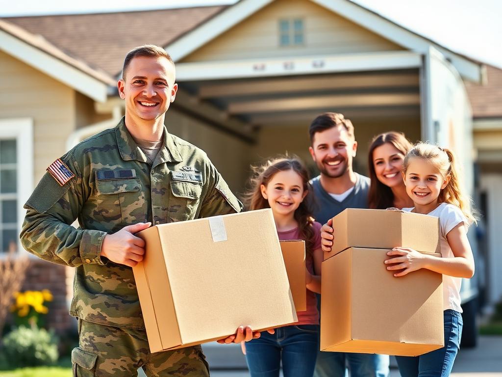 Military family in uniform standing with moving boxes in front of their new home