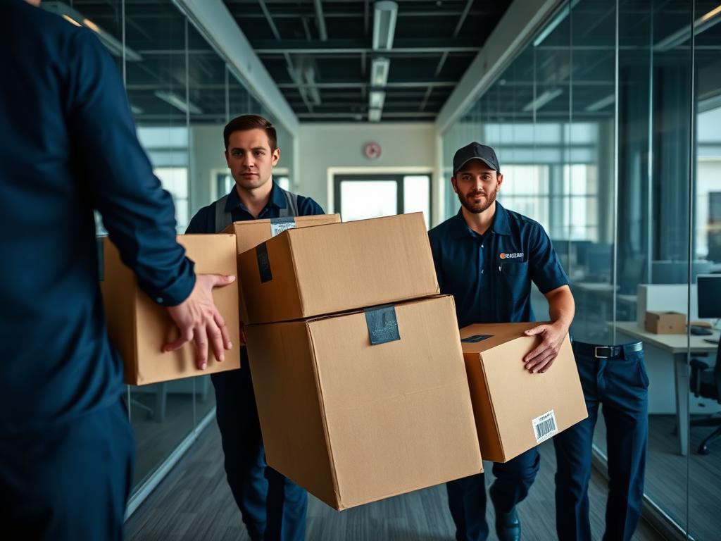Movers carrying office chairs and crates through a modern office