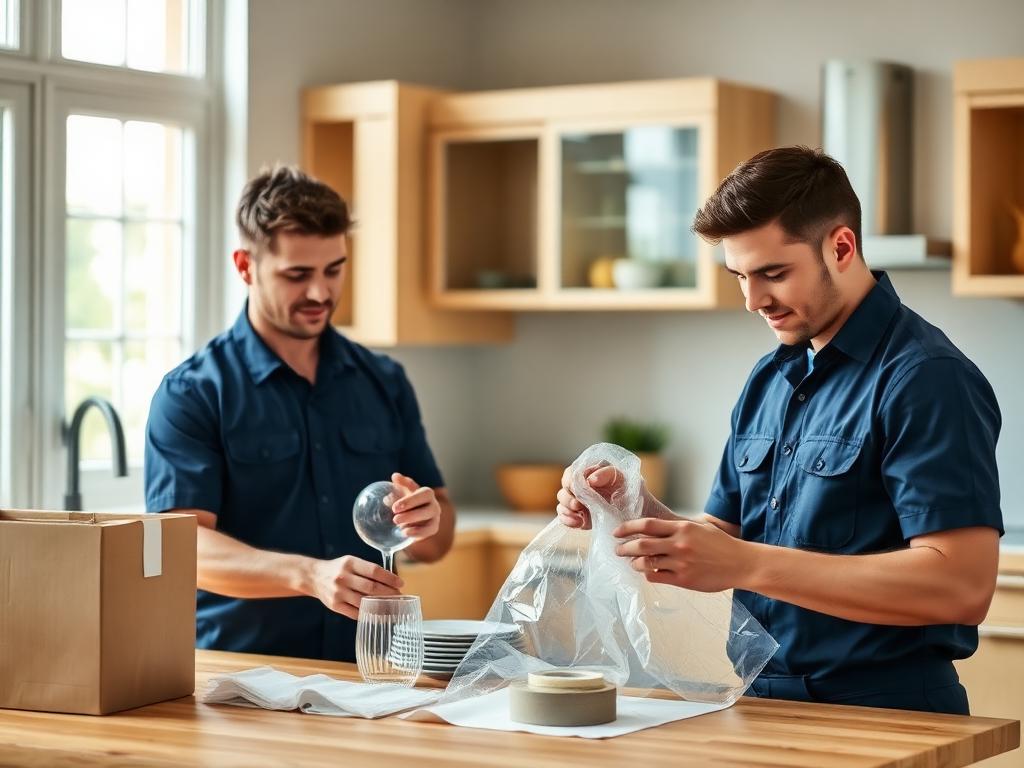 Hands taping a moving box on a kitchen counter beside wrapped dishes