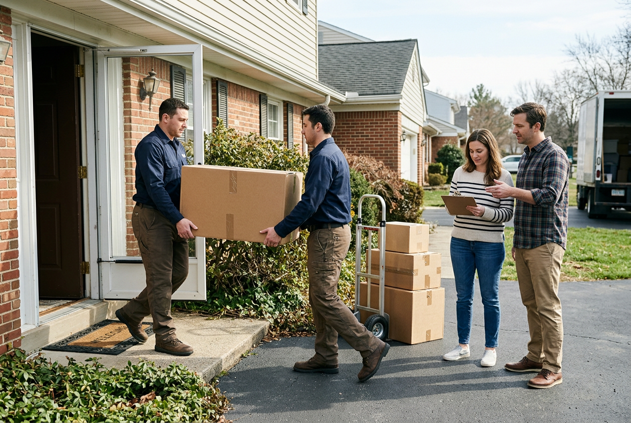 Family with children and movers carrying a sofa in a bright living room