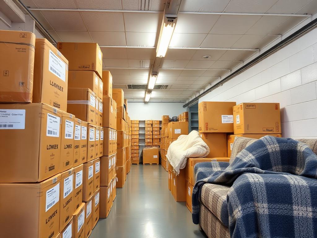 Clean storage facility with neatly stacked labeled moving boxes